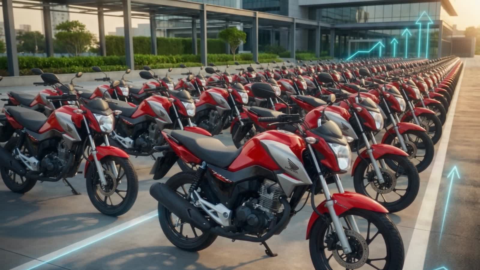 Frota de motocicletas Honda CG vermelhas enfileiradas em pátio, ao pôr do sol